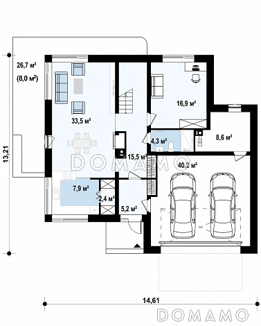 Проект кирпичного двухэтажного дома с гаражом, мастер-спальней и террасой на втором этаже / План 1 этажа
