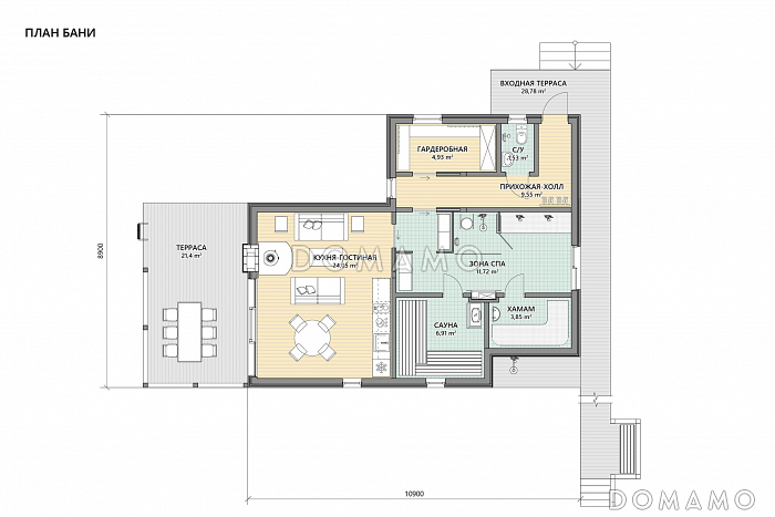 Проект кирпичного банного комплекса с сауной, хамамом и террасами / План 1 этажа