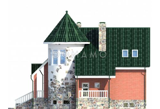 Дом с башней и зеленой крышей, с цокольным этажом, гаражом на одну машину / Фасад 3