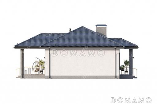 Проект компактного одноэтажного дома с общей вальмовой кровлей над входной группой и террасой и комбинированной отделкой фасада декоративной штукатуркой и планкеном / Фасад 3