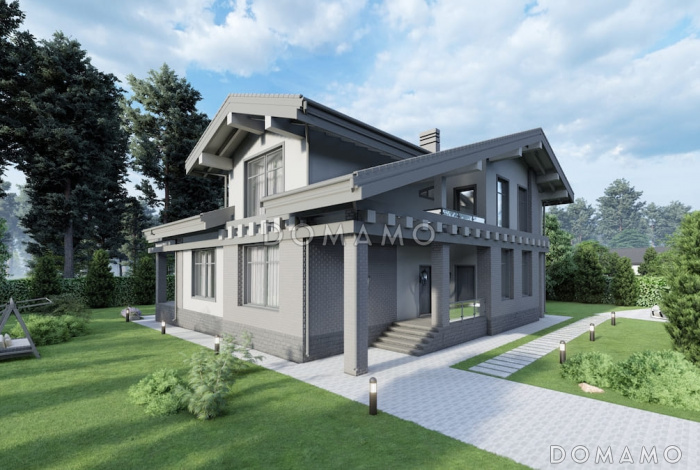 Проект дома с мансардой, вторым светом, балконом и крытой террасой