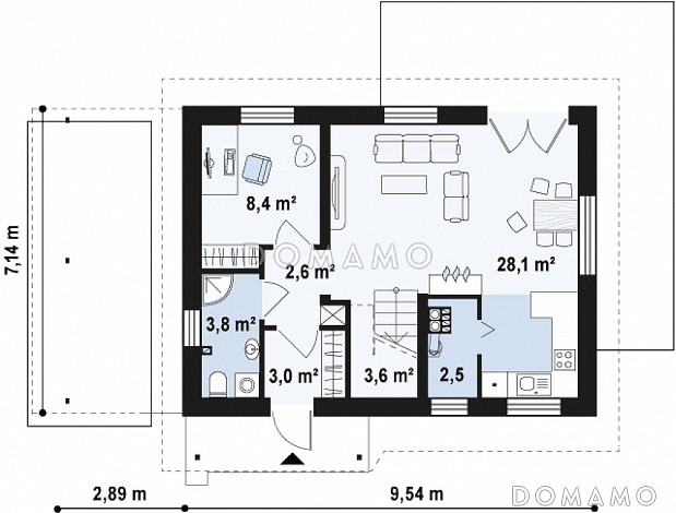 Проект одноэтажного мансардного дома из кирпича с балконом и навесом для автомобиля / План 1 этажа