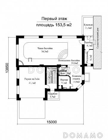 Проект бассейна с гаражом на две машины / План 1 этажа