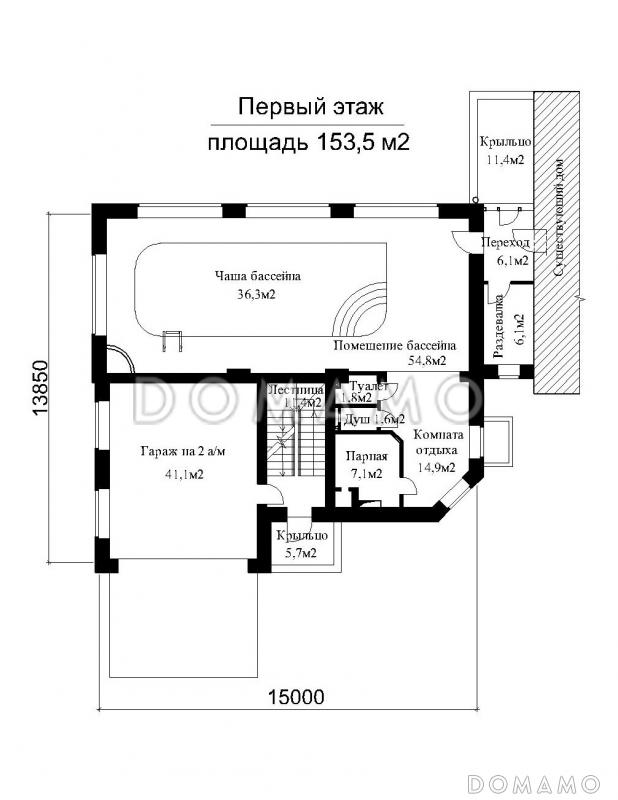 Проект бассейна с гаражом на две машины / План 1 этажа
