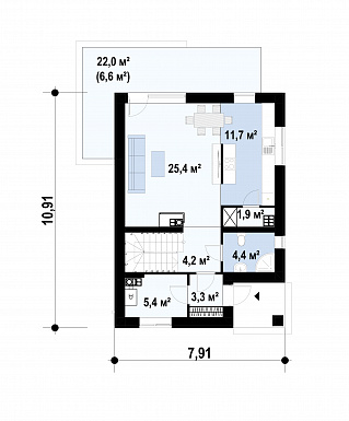 Проект двухэтажного дома с террасой, подвалом, кухней с кладовой, санузлом с душем на первом этаже / План 1 этажа