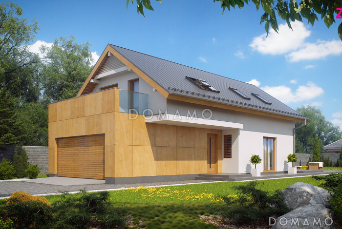 Проект одноэтажного мансардного дома из кирпича с гаражом на два автомобиля для вытянутого участка