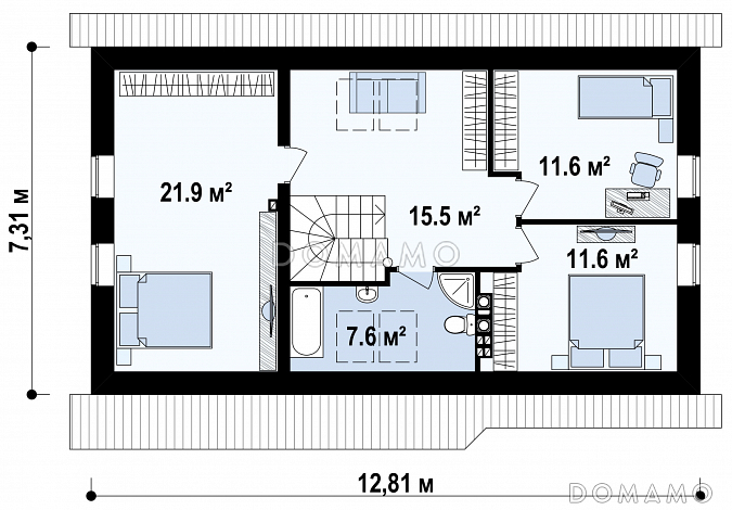 Проект мансардного дома из газобетона с четырьмя спальнями и гаражом  / План мансардного этажа