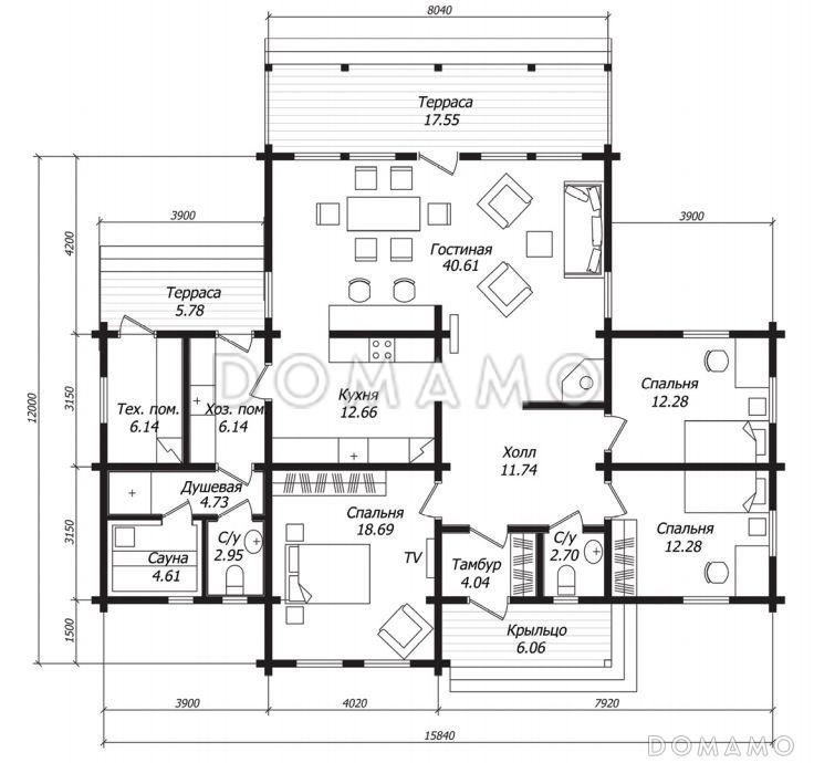 Проект одноэтажного дома из бруса с тремя спальнями и сауной / План 1 этажа
