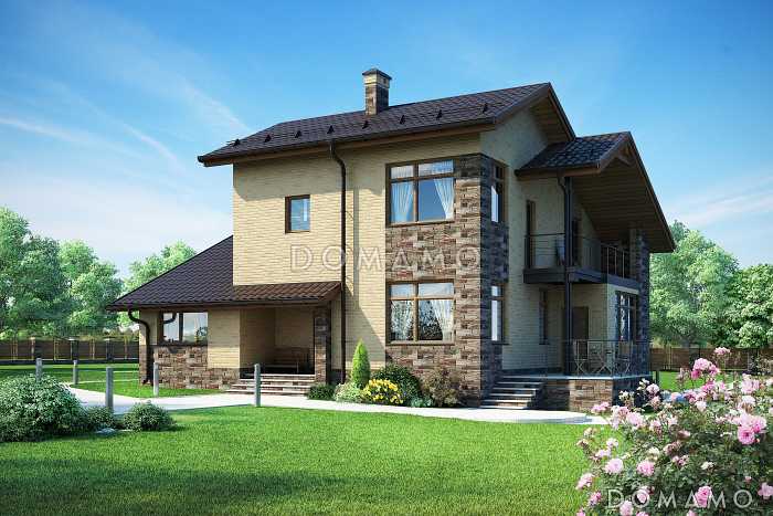 Проект загородного дома с открытой террасой, сауной и душевой, гостиной с камином