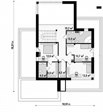 Проект большого современного двухэтажного дома из газобетона с большой площадью остекления, гаражом и просторными террасами на обоих уровнях / План 2 этажа