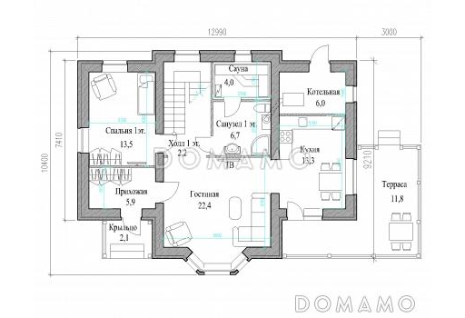 Проект полутораэтажного коттеджа с яркой облицовкой и открытой террасой из СИП панелей / Фасад 5