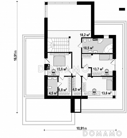 Проект большого современного двухэтажного дома из газобетона с большой площадью остекления, гаражом и просторными террасами на обоих уровнях / План 2 этажа