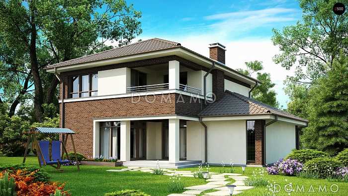 Проект загородного дома с гаражом на один автомобиль, кабинетом, крытой террасой,  балконом