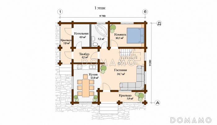 Проект дома из клееного бруса с санузлом на первом и втором этаже / План 1 этажа