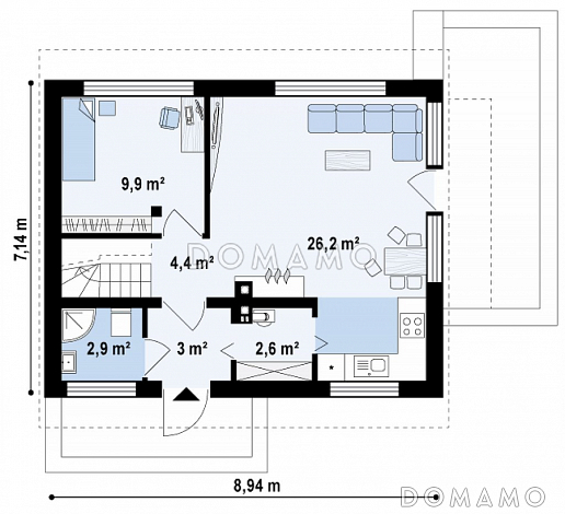 Проект компактного одноэтажного мансардного дома из газобетона с дополнительной спальней на первом этаже, адаптированный для сейсмоопасных регионов / План 1 этажа