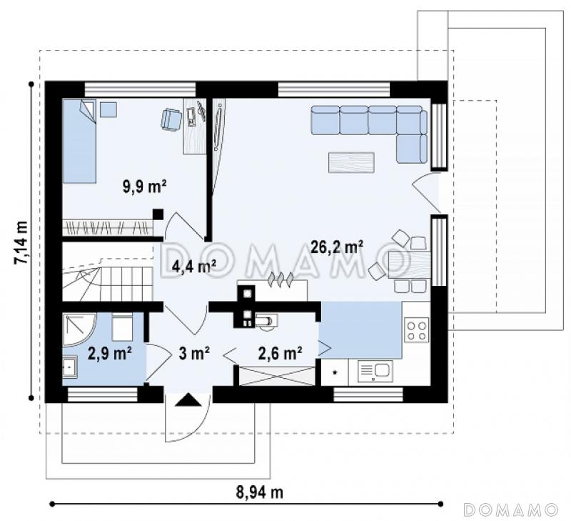 Проект компактного одноэтажного мансардного дома из газобетона с дополнительной спальней на первом этаже, адаптированный для сейсмоопасных регионов / План 1 этажа
