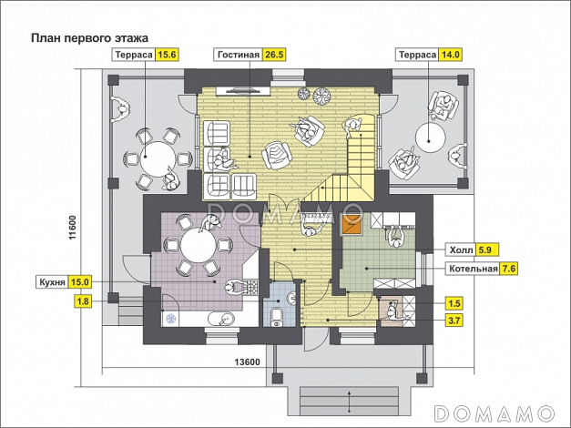 Проект частного дома в европейском стиле, с двумя террасами, мансардными окнами, простой функциональной планировкой / План 1 этажа
