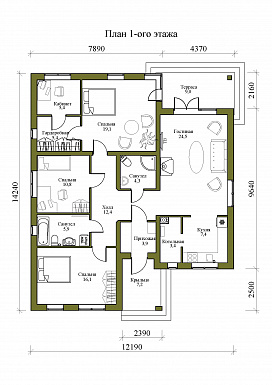 Проект одноэтажного дома в стиле хай-тек с тремя спальнями, гостиной и кабинетом / План 1 этажа
