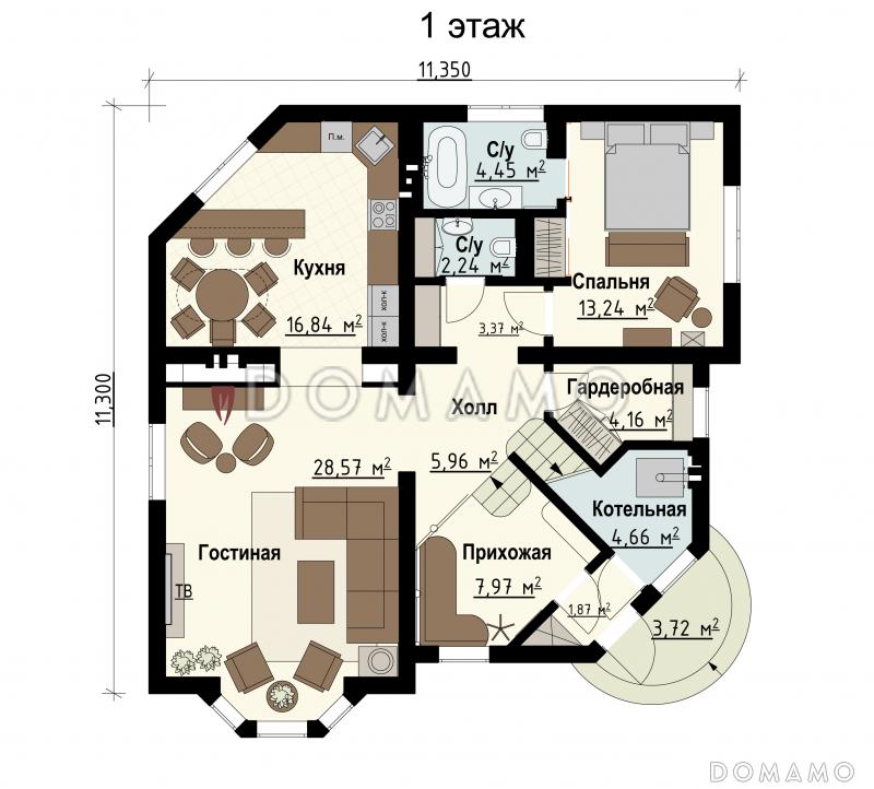 Проект загородного дома с эркером в гостиной, вторым светом, постирочной, детскими комнатами / План 1 этажа