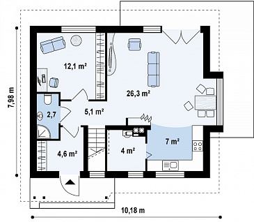 Проект небольшого одноэтажного мансардного дома из газобетона с дополнительной комнатой на первом этаже и эркером / План 1 этажа