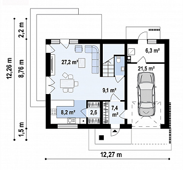 Проект загородного дома с гаражом, кладовой на кухне, мастер-спальней в мансарде / План 1 этажа