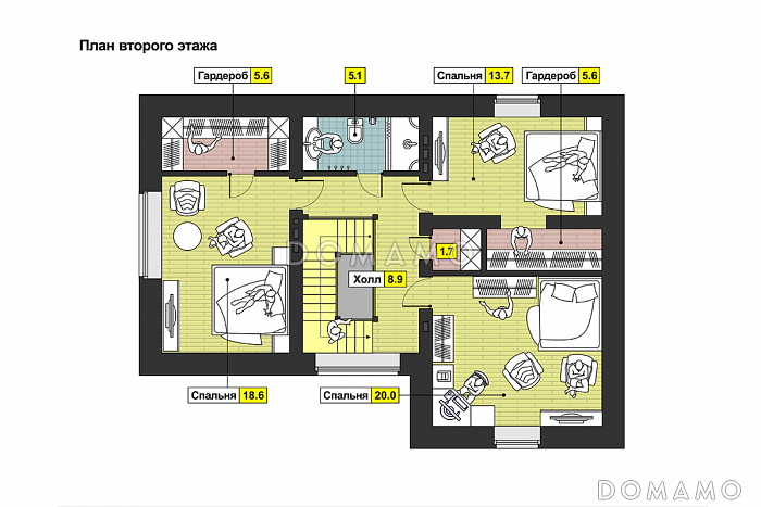 Проект загородного дома с тремя спальнями на мансардном этаже, круглым окном, гаражом на одну машину / План мансардного этажа
