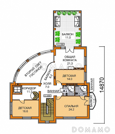 Проект четырехэтажного дома с необычной формой в плане, двусветной гостиной и бассейном / План 2 этажа