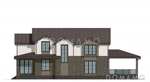 Проект коттеджа с мансардой, двусветной гостиной, сауной и верандой / Фасад 3