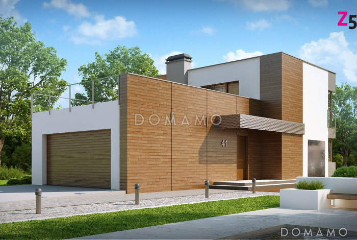 Проект современного двухэтажного дома из кирпича с тремя спальнями, пристроенным гаражом и террасой над ним