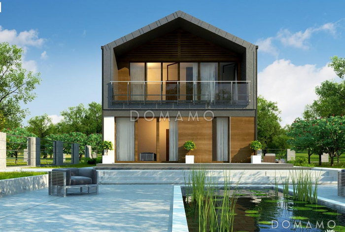 Проект компактного двухэтажного дома в стиле барнхаус с тремя спальнями, кабинетом и большой лоджией