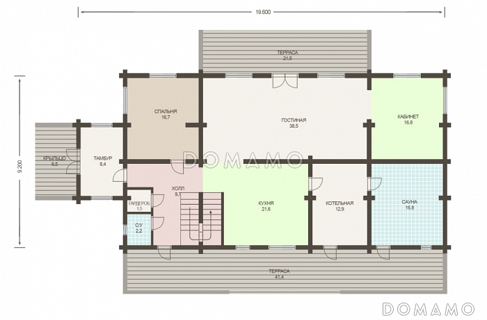 Проект деревянного дома из клееного бруса с огромным холом и тремя спальнями на втором этаже / План 1 этажа