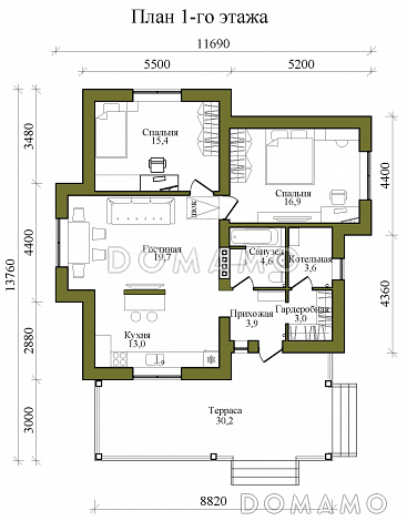 Проект одноэтажного каркасного дома с двумя спальнями и просторной террасой / План 1 этажа