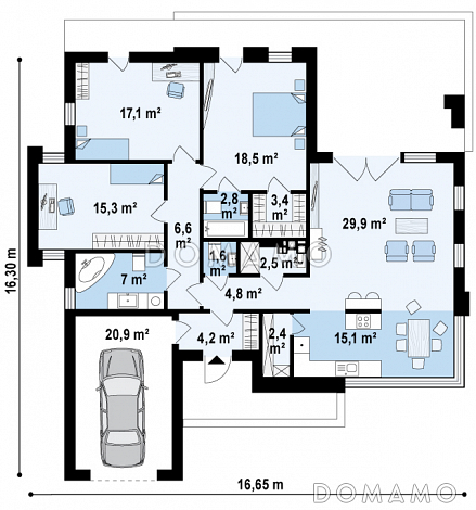 Проект современного одноэтажного дома из газобетона с плоской крышей с тремя спальнями, частично крытой террасой и одноместным гаражом / План 1 этажа