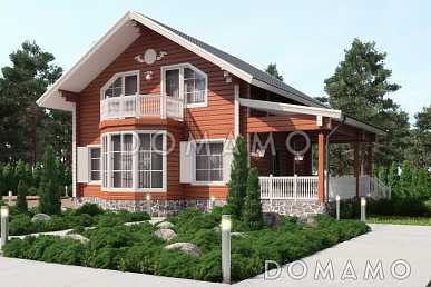 Проект двухэтажного коттеджа с эркером первого этажа, который переходит в балкон