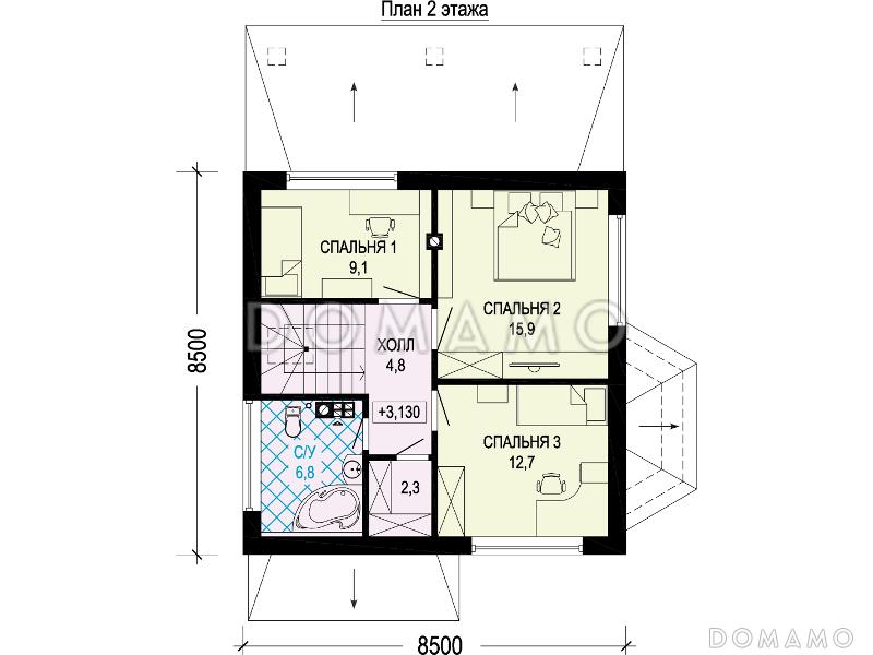 Проект одноэтажного мансардного дома из СИП панелей с тремя спальнями, кабинетом, эркером и крытой террасой / План мансардного этажа