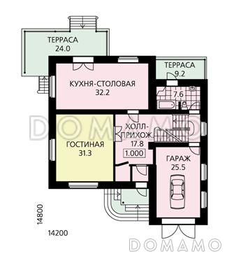 Проект дома из пенобетона с гаражом и просторной гостиной / План 1 этажа
