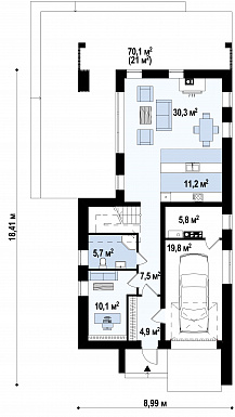 Проект аккуратного современного мансардного дома из газобетона с  гаражом и террасой над входом / План 1 этажа