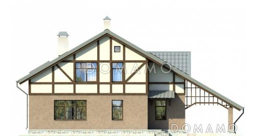 Проект дома в стиле фахверк с двусветной гостиной и навесом для машины / Фасад 3