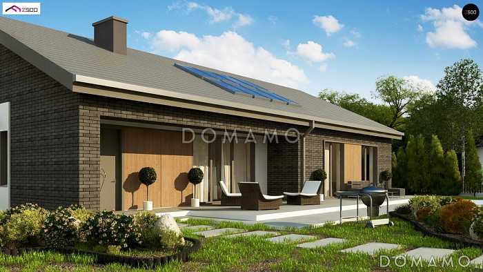 Проект одноэтажного дома с гаражом, просторной гостиной с выходом на террасу, кладовой на кухне