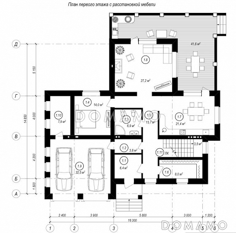 Проект особняка с цокольным этажом, гаражом на две машины, пятью спальнями и террасой с барбекю / План 1 этажа