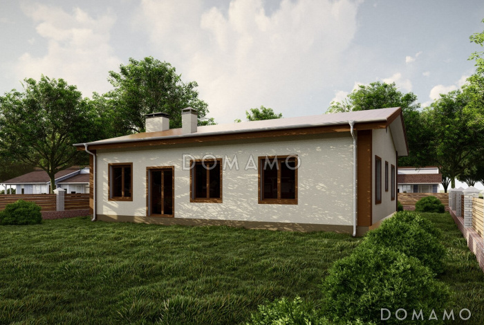 Проект дома с тремя спальнями, гостиной-кухней и постирочной