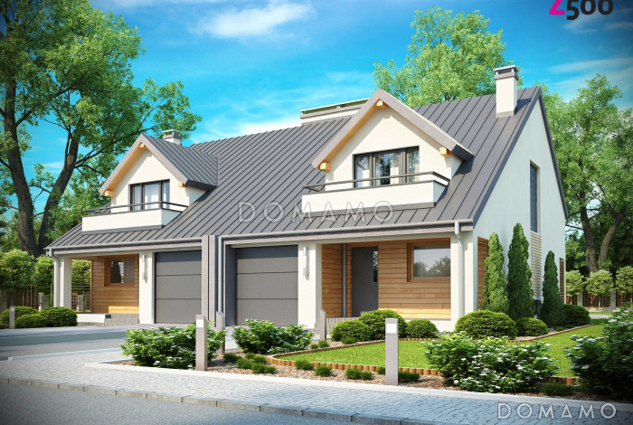 Проект мансардных домов-близнецов из кирпича с гаражом, тремя спальнями и красивым слуховым окном и балконом