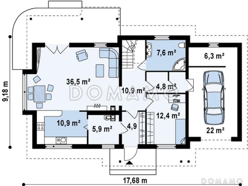 Проект одноэтажного мансардного дома из кирпича с четырьмя спальнями, эркером и гаражом / План 1 этажа