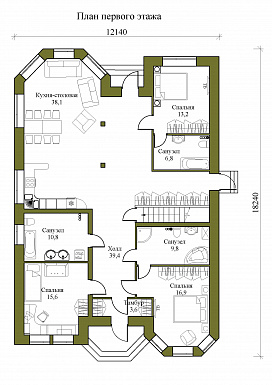 Проект одноэтажного дома с двумя эркерами и подвалом / План 1 этажа