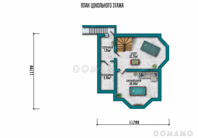 Проект дома с цокольным этажом, тремя спальнями, эркерами и гаражом на 2 машины / План подвала