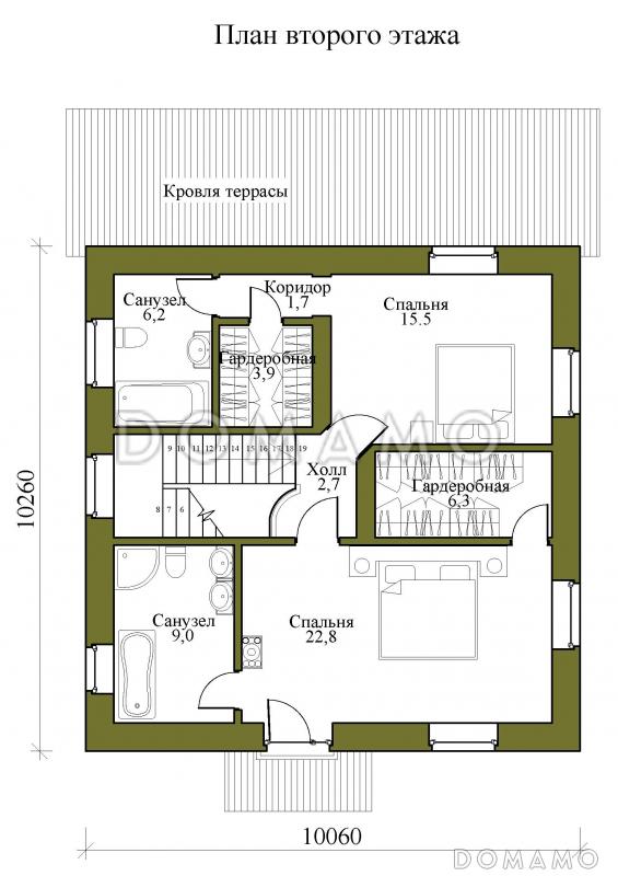 Проект двухэтажного дома с просторными террасой и гостиной-столовой / План 2 этажа