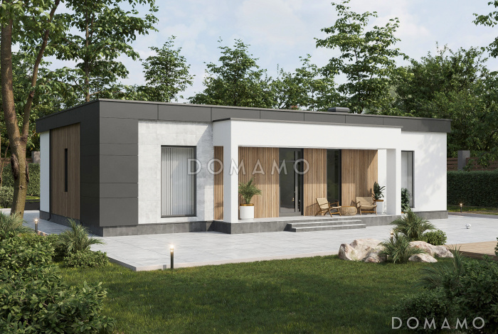 Проект одноэтажного газобетонного дома в стиле хай-тек с двумя спальнями, кабинетом и крытой террасой