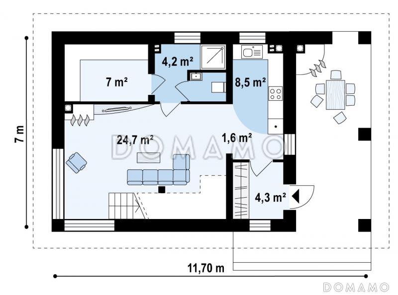 Проект просторной двухэтажной бани из кирпича с кухней, комнатами отдыха и барбекю на террасе / План 1 этажа