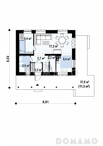 Проект компактного одноэтажного мансардного дома из кирпича с тремя спальнями и фронтальной террасой / План 1 этажа