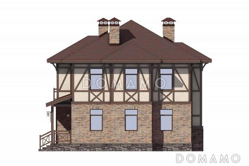 Проект дома по технологии ЛСТК с крытой террасой, кладовой под лестницей. эркерами, гостевой на первом этаже, спальнями и кабинетом на втором этаже / Фасад 4